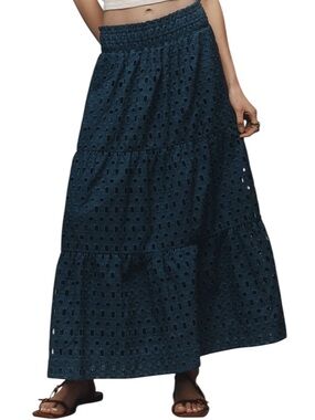Maeve Anthropologie Somerset Dark Blue Eyelet Maxi Skirt Size Medium
